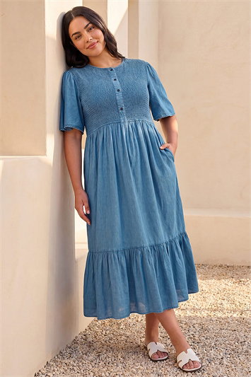 Curve Denim Shirred Midi Dress 14688909