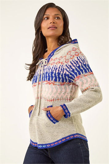 Grey Nordic Print Hooded Jumper