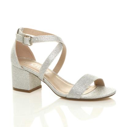 Metallic Mid Block Heel Crossed Straps Sandals