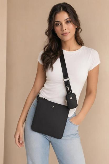 Black Crossbody Handbag With Detachable Mini Pouch - Black