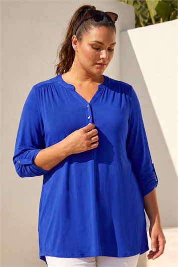 Blue Curve Buttoned Stretch Top