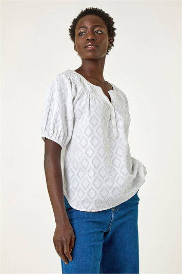 White Shirred Neck Textured Top