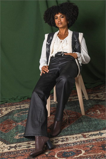 Black Coated Stretch Waist Wide Leg Jeans