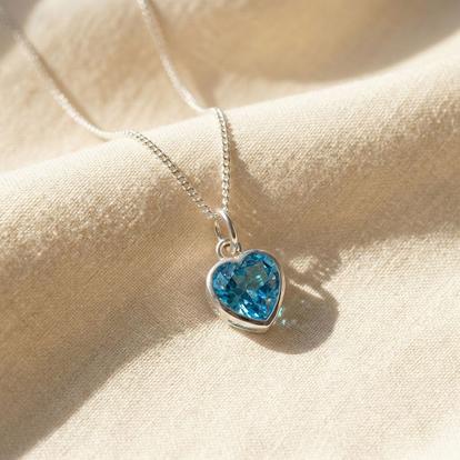 Blue Mini Heart Silver Aquamarine March Birthstone Necklace