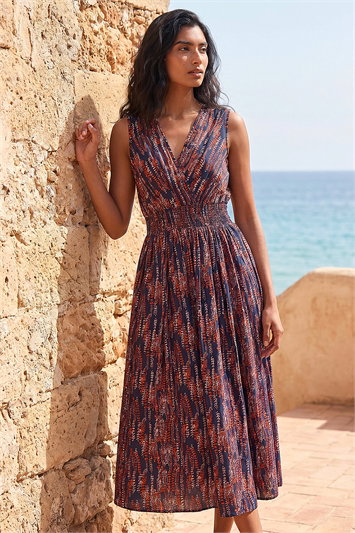 Red Leaf Print Wrap Midi Dress