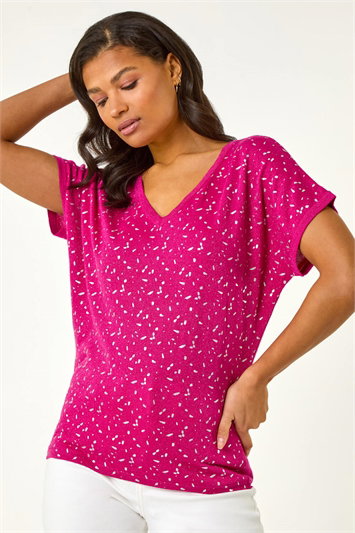 Pink Foil Print V-Neck Knitted Top