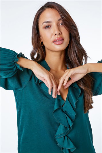 Green Satin Ruffle Neck Blouse