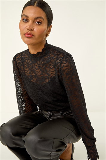 Black Lace Frill High Neck Stretch Top