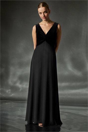 Black Velvet Twist Front Maxi Stretch Dress