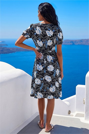 Floral Print V-Neck Stretch Midi Dress 14659809