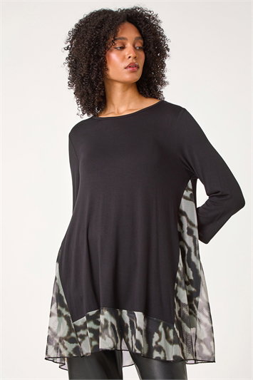 Black Abstract Contrast Mesh Stretch Tunic