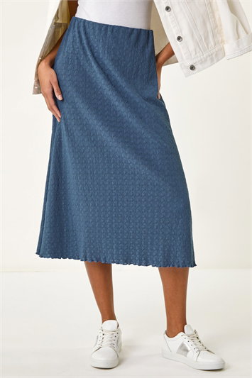 Blue Textured Fluted Hem Midi Skirt