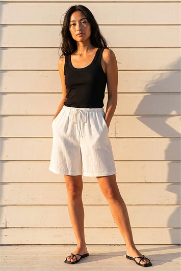 White Petite Linen Blend Drawstring Shorts