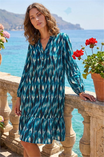 Blue Petite Ikat Print Tiered Hem Dress