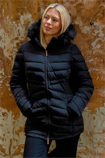 Faux Fur Hooded Quilt Coat 12030208