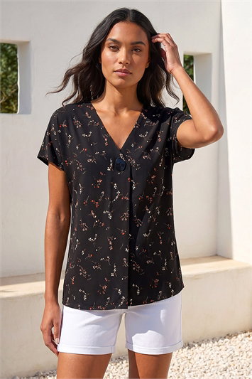Black Floral Print V-Neck Top