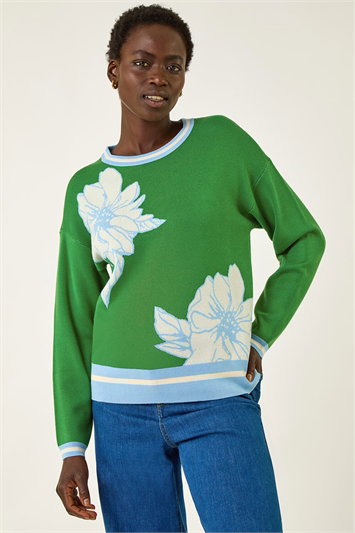 Green Colour Block Floral Knit Jumper