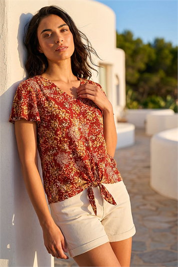 Red Floral Tie Front Stretch Top