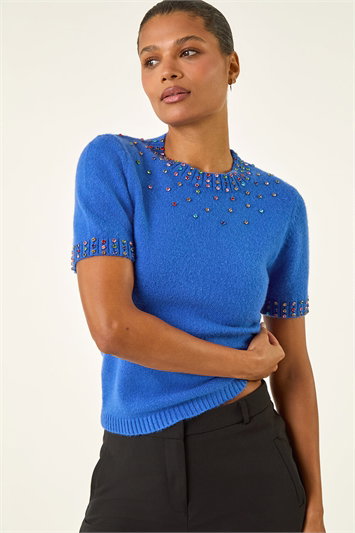 Blue Embellished Knitted Top