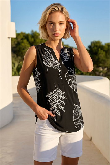 Black Textured Leaf Print Vest Top