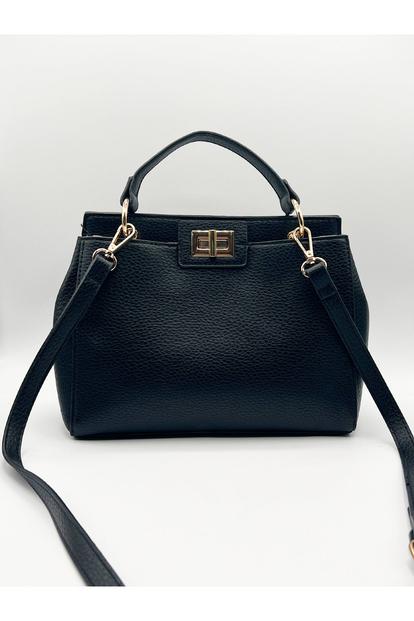 Black Black Faux Leather Handbag With Gold Trim