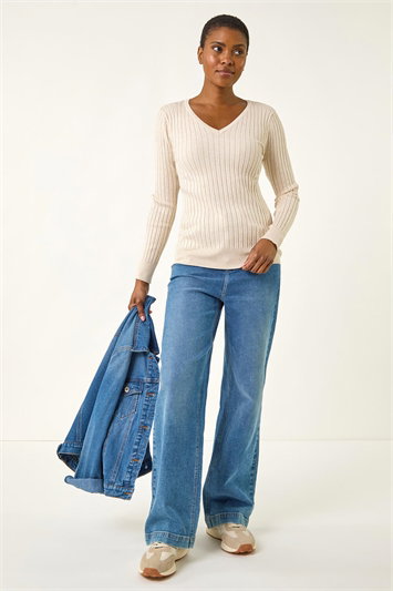 White V-Neck Ribbed Knit Jumper
