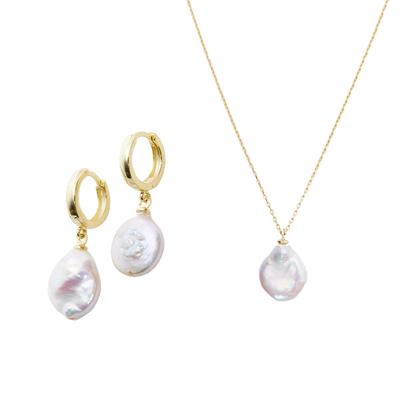 Metallic Baroque Flat Pearl Pendant Necklace And Earring Sterling Silver Set