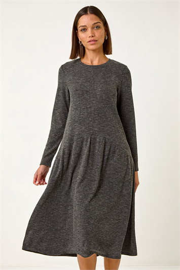 Grey Ribbed Drop Waist Stretch Midi Dress