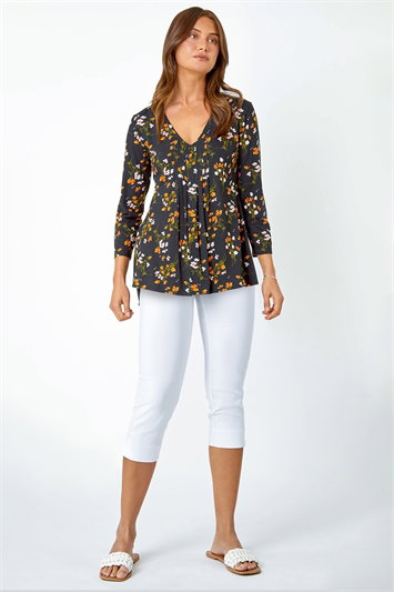 Floral Print V-Neck Tunic Swing Stretch Top 19261508