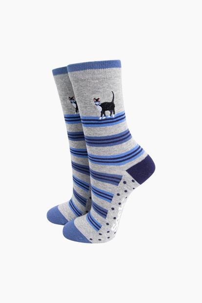 Grey Embroidered Cat Combed Cotton Socks