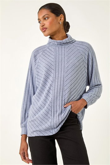 Blue Textured Stripe Cowl Neck Top