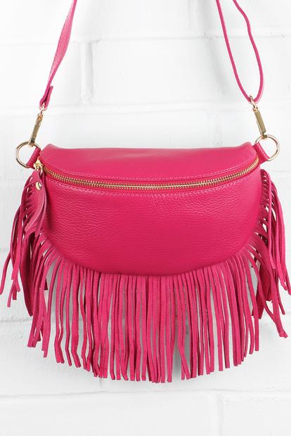 Pink Fringed Half Moon Leather Crossbody Bag