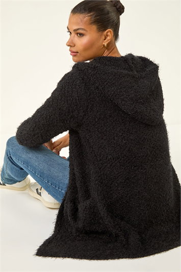 Black Fluffy Hooded Cardigan