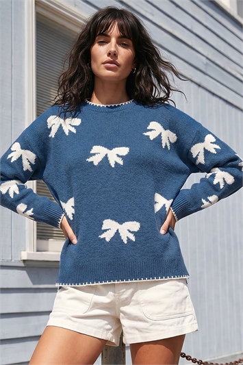 Blue Bow Contrast Stitch Knit Jumper