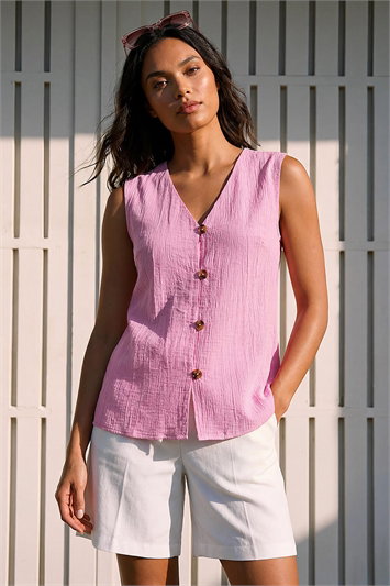 Crinkle Button Up Front Blouse 10233472