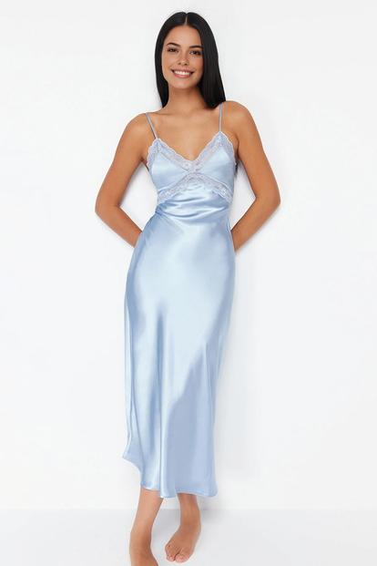 Black Lace Trim V-Neck Satin Strappy Midi Nightdress