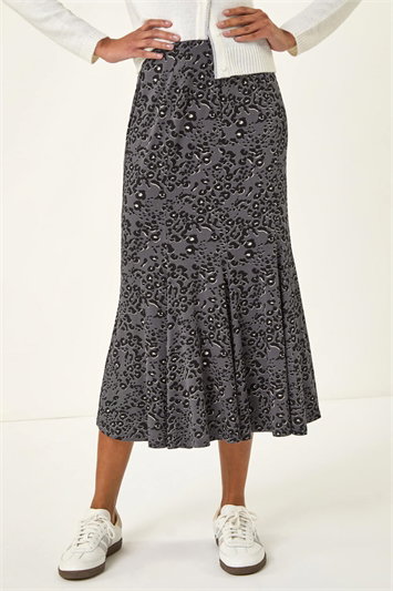 Grey Animal Print Panelled Skirt