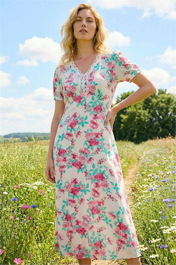 Floral Lace Trim Midi Dress 14832338