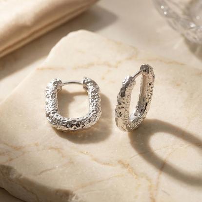 Metallic Sterling Silver U-Shaped Molten Hinged Huggie Earrings