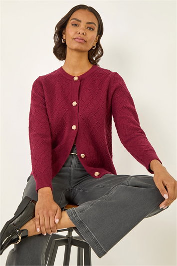 Red Cable Knit Buttoned Cardigan
