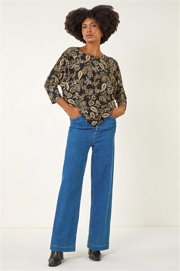 Black Paisley Puff Print Stretch Top