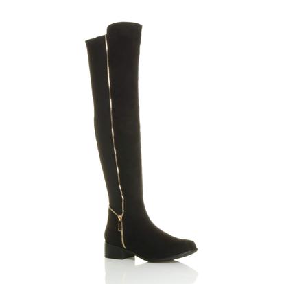Black Elastic Gold Zip Over The Knee Boots
