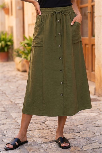 Green Air Flow Button Front Tie Midi Skirt