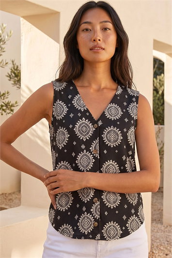 Black Petite Abstract Print Button Up Blouse