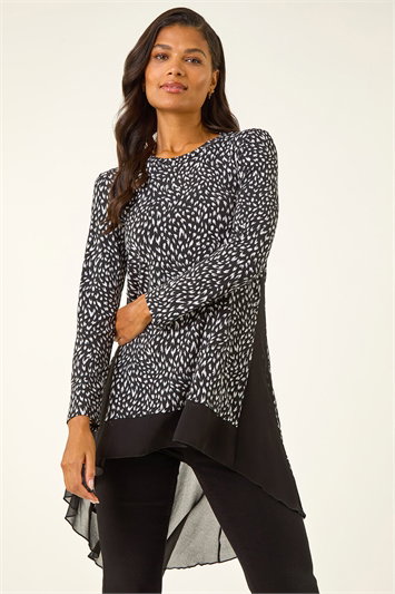 Black Spot Print Chiffon Hem Stretch Top
