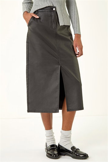 Black Coated Midi Pencil Skirt