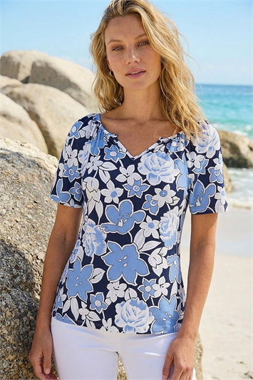 Blue Floral Puff Print V-Neck Top