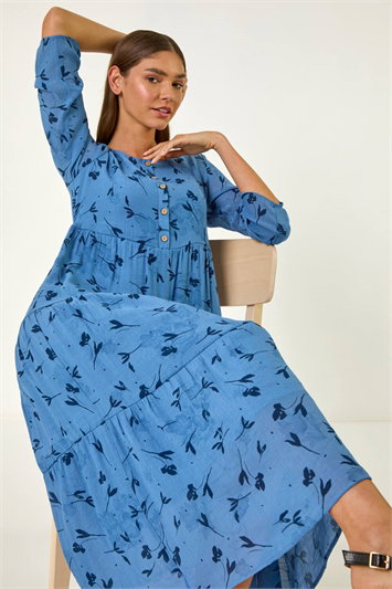 Blue Floral Print Button Midi Dress