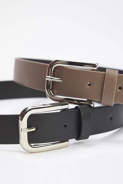 Multi Double Pack Silver Buckle Rounded Faux Leather Belt