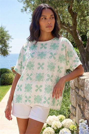 Green Floral Textured Buttoned Back Top